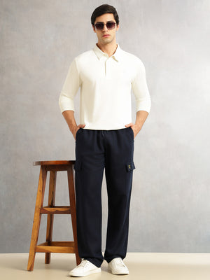 Thomas Scott Men Navy Regular Fit Mid-Rise Linen Cargo Trouser with Drawstring Closure , 5 Pocket Design