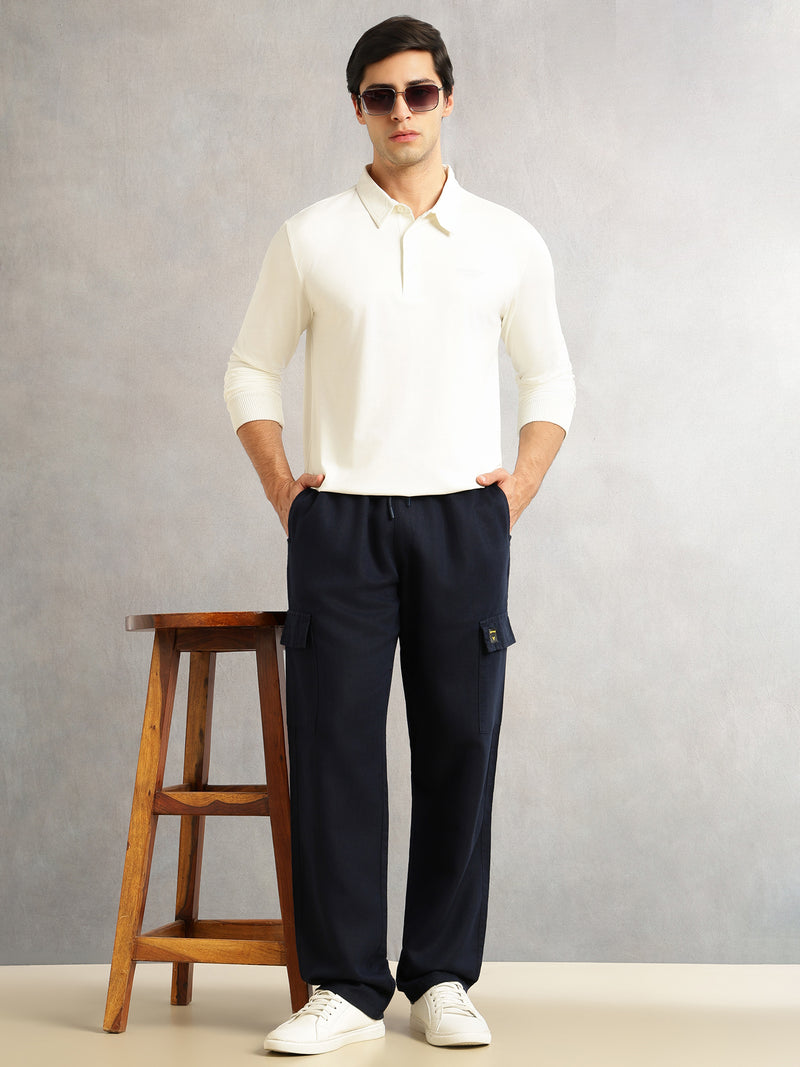 Thomas Scott Men Navy Regular Fit Mid-Rise Linen Cargo Trouser with Drawstring Closure , 5 Pocket Design