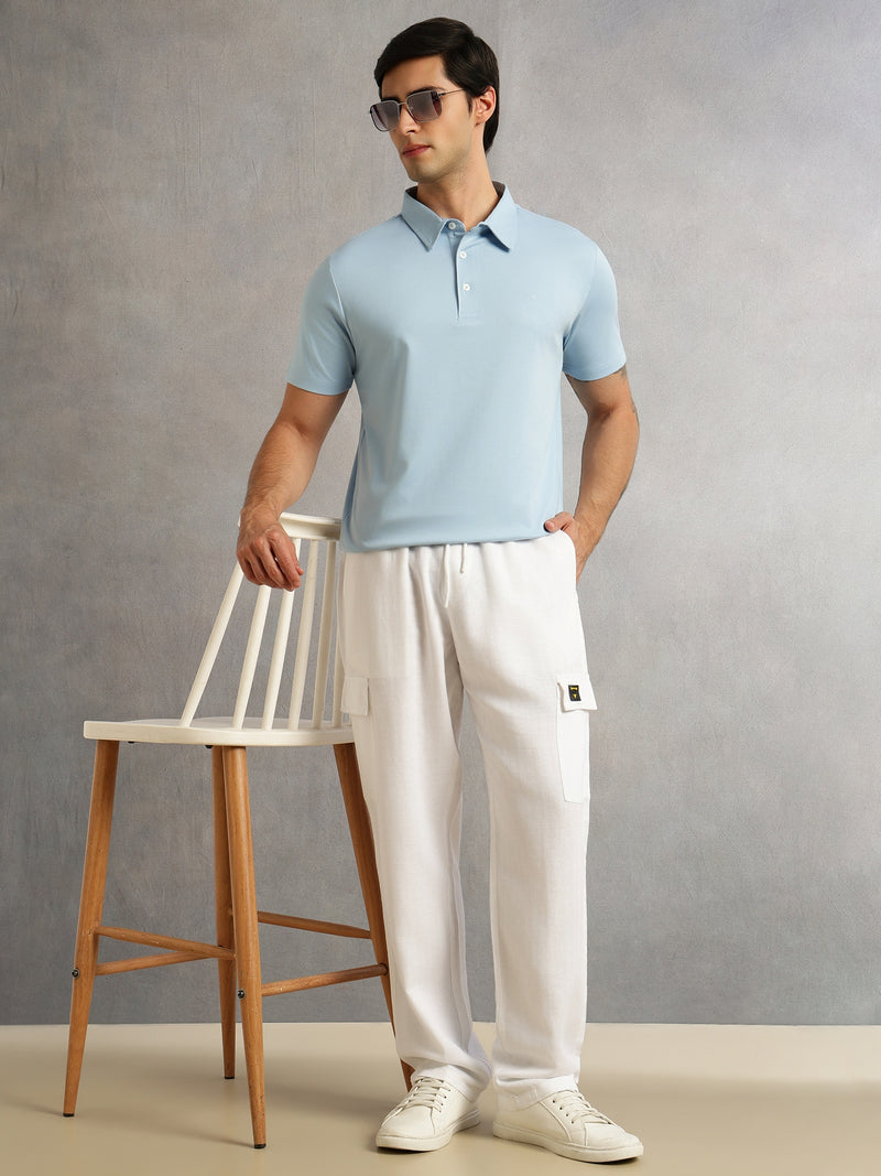 Thomas Scott Men White Regular Fit Mid-Rise Linen Cargo Trouser with Drawstring Closure , 5 Pocket Design