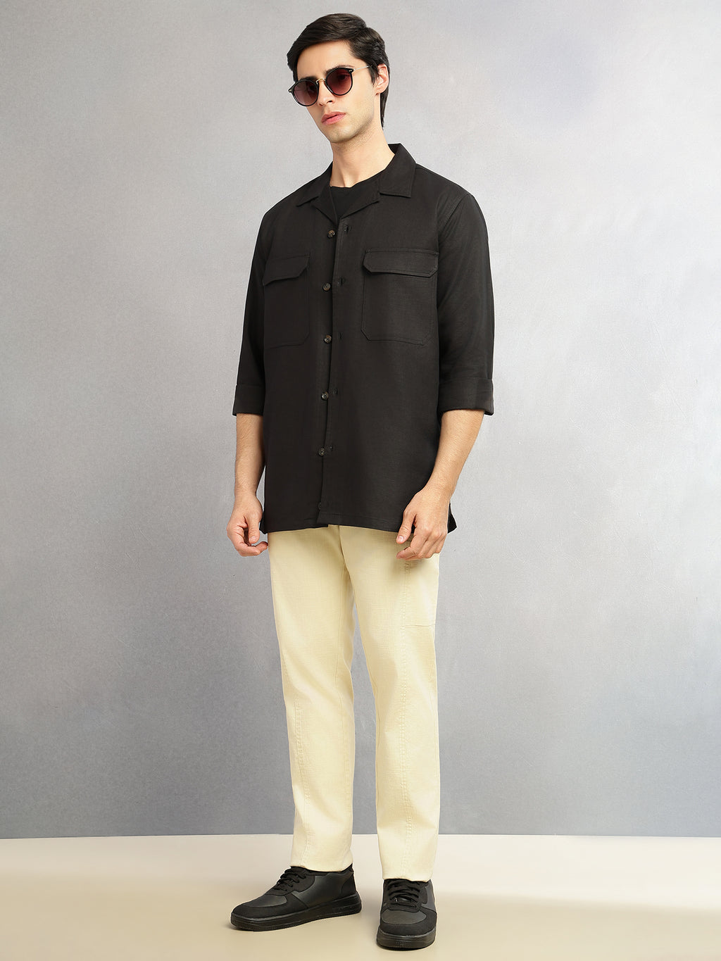 Thomas Scott Men Black Cricket Club Collection Oversized Fit Long Sleeves Camp Collar Cotton Linen Twill Shacket with 2 Flap Pockets