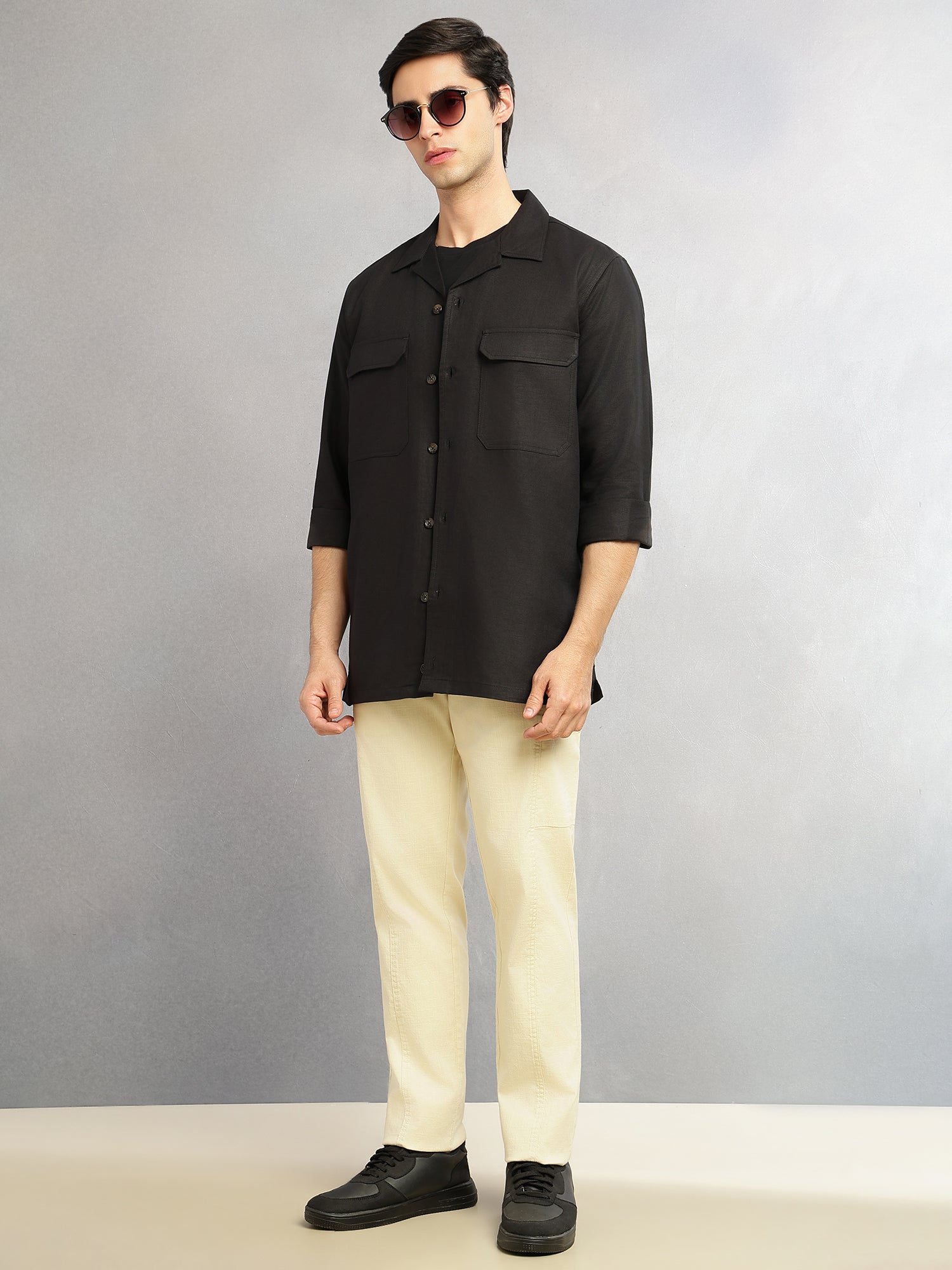 Thomas Scott Men Black Cricket Club Collection Oversized Fit Long Sleeves Camp Collar Cotton Linen Twill Shacket with 2 Flap Pockets