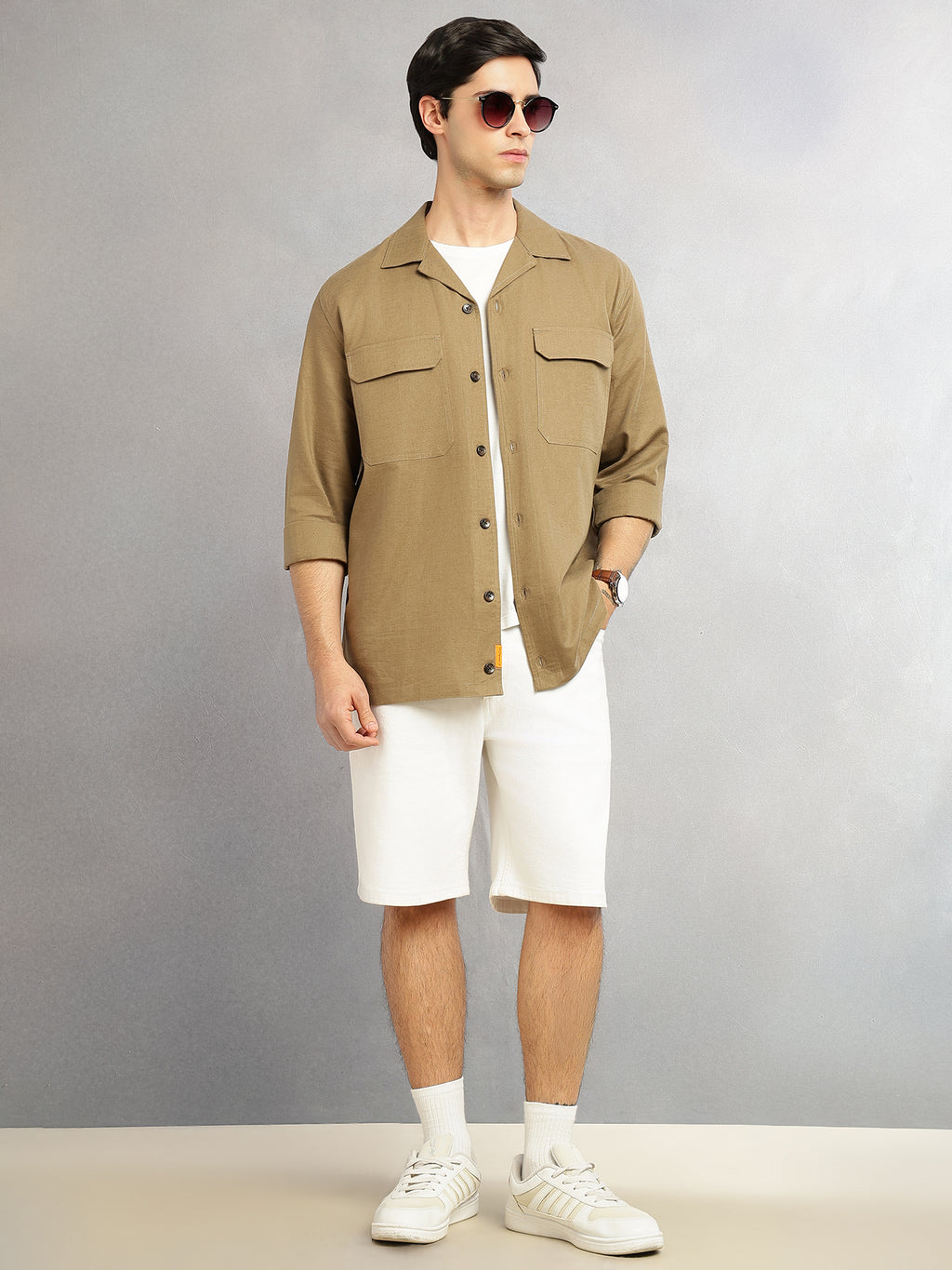 Thomas Scott Men Khaki Cricket Club Collection Oversized Fit Long Sleeves Camp Collar Cotton Linen Twill Shacket with 2 Flap Pockets