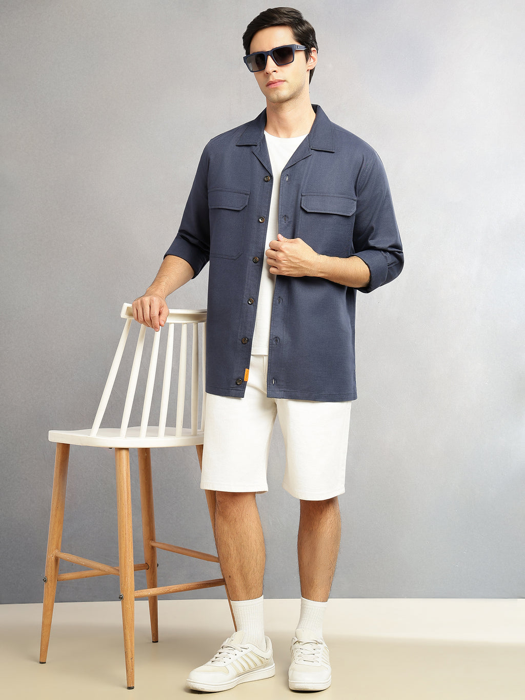 Thomas Scott Men Navy Cricket Club Collection Oversized Fit Long Sleeves Camp Collar Cotton Linen Twill Shacket with 2 Flap Pockets