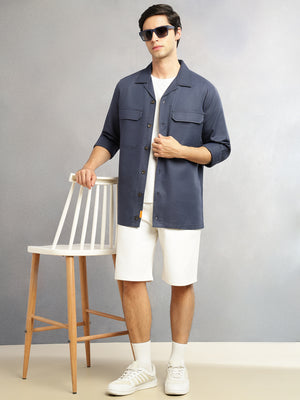 Thomas Scott Men Navy Cricket Club Collection Oversized Fit Long Sleeves Camp Collar Cotton Linen Twill Shacket with 2 Flap Pockets