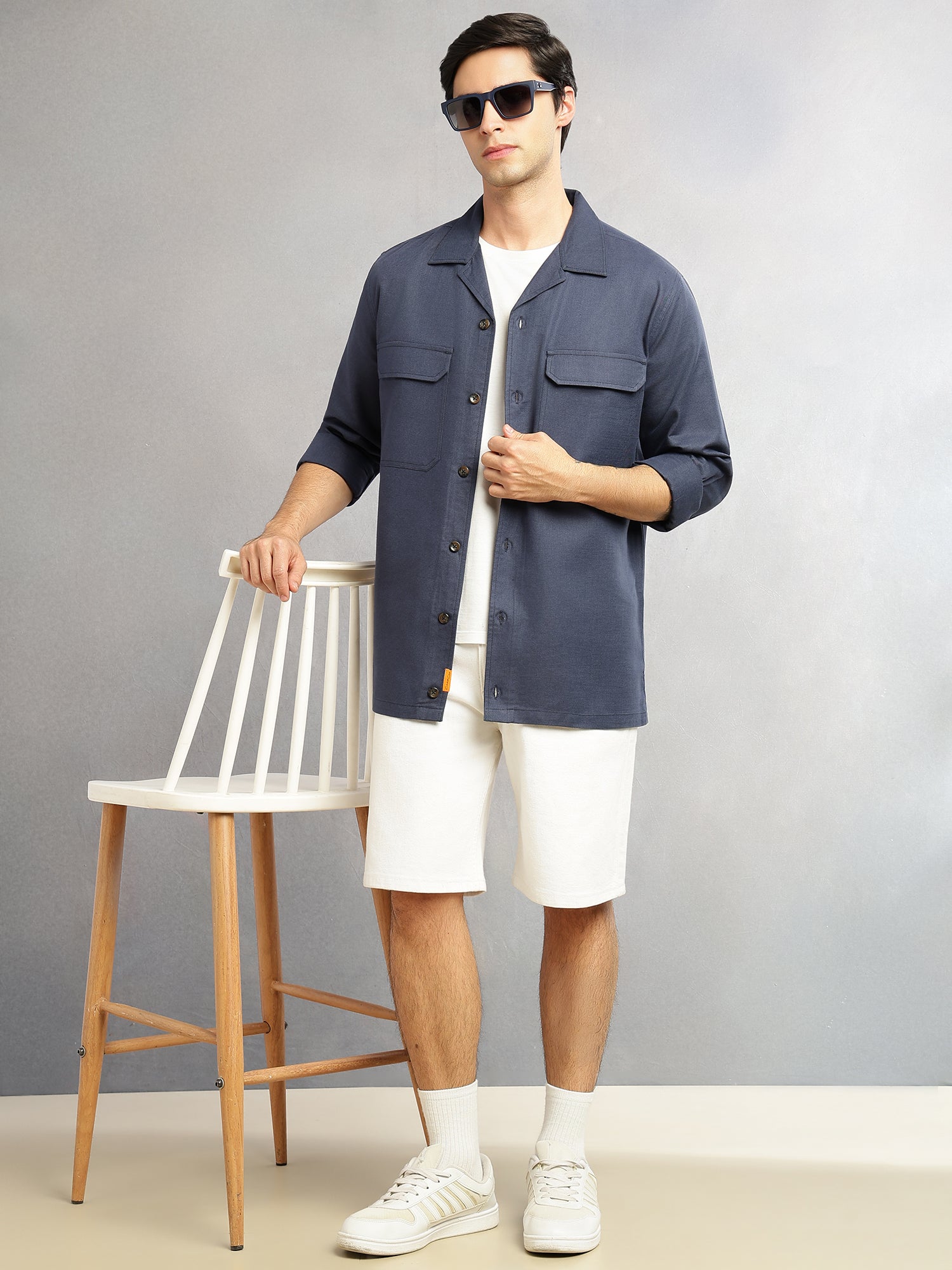 Thomas Scott Men Navy Cricket Club Collection Oversized Fit Long Sleeves Camp Collar Cotton Linen Twill Shacket with 2 Flap Pockets