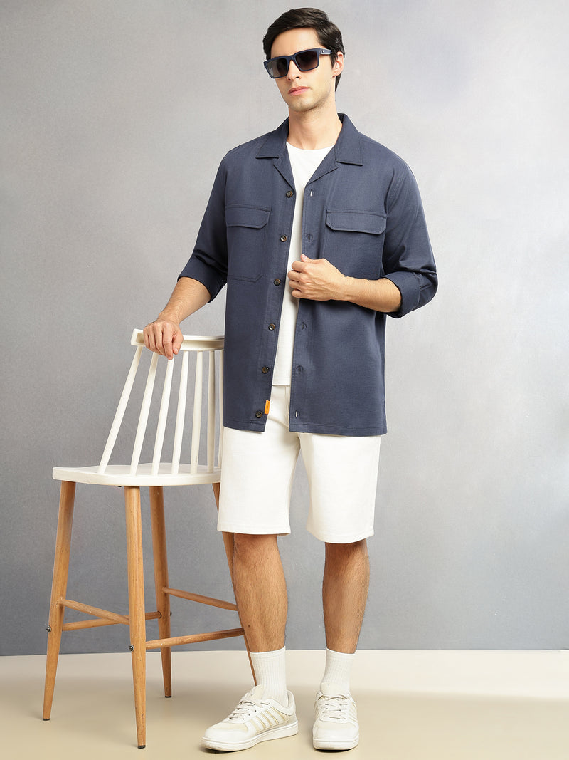 Thomas Scott Men Navy Cricket Club Collection Oversized Fit Long Sleeves Camp Collar Cotton Linen Twill Shacket with 2 Flap Pockets
