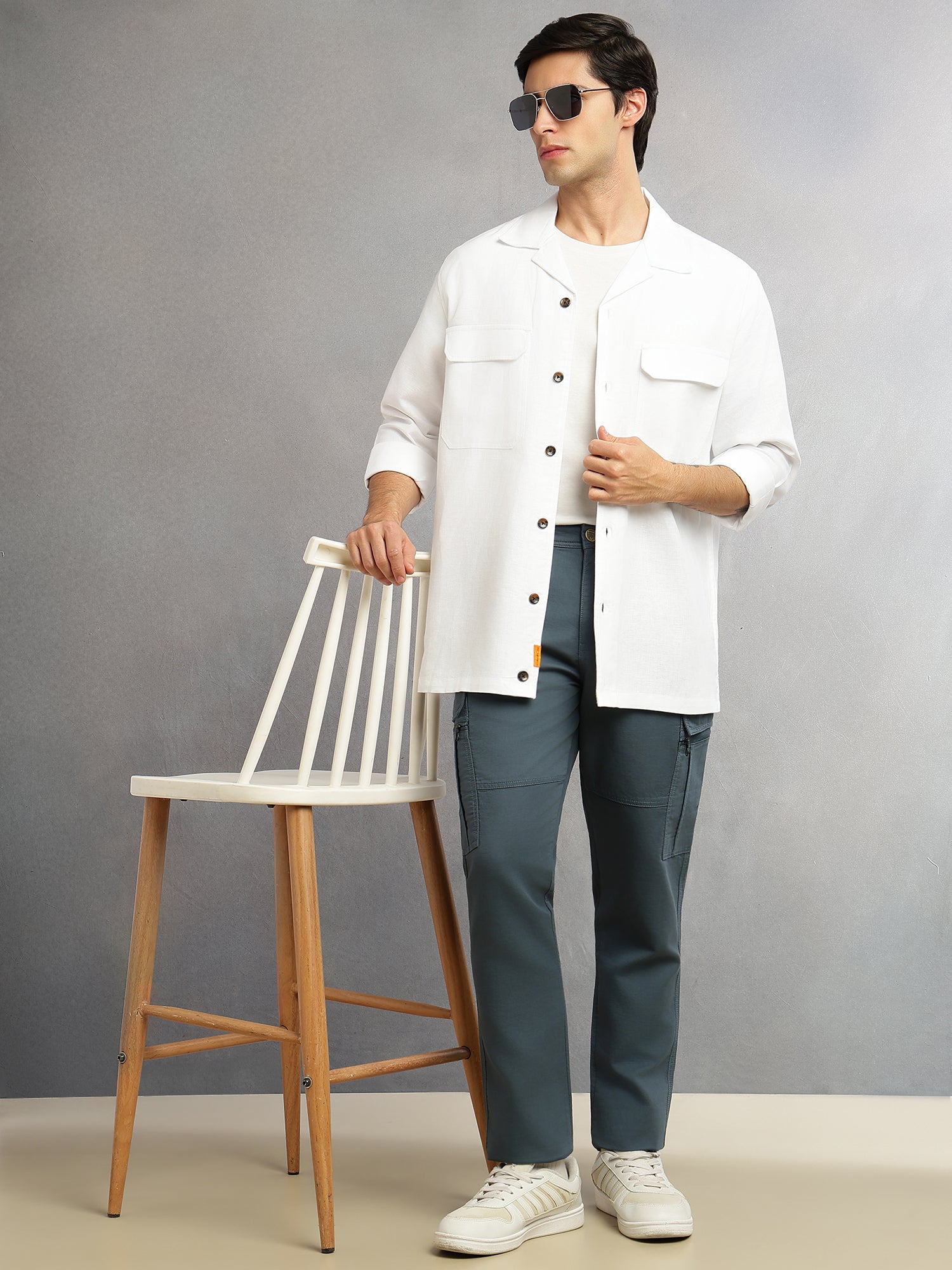 Thomas Scott Men White Cricket Club Collection Oversized Fit Long Sleeves Camp Collar Cotton Linen Twill Shacket with 2 Flap Pockets