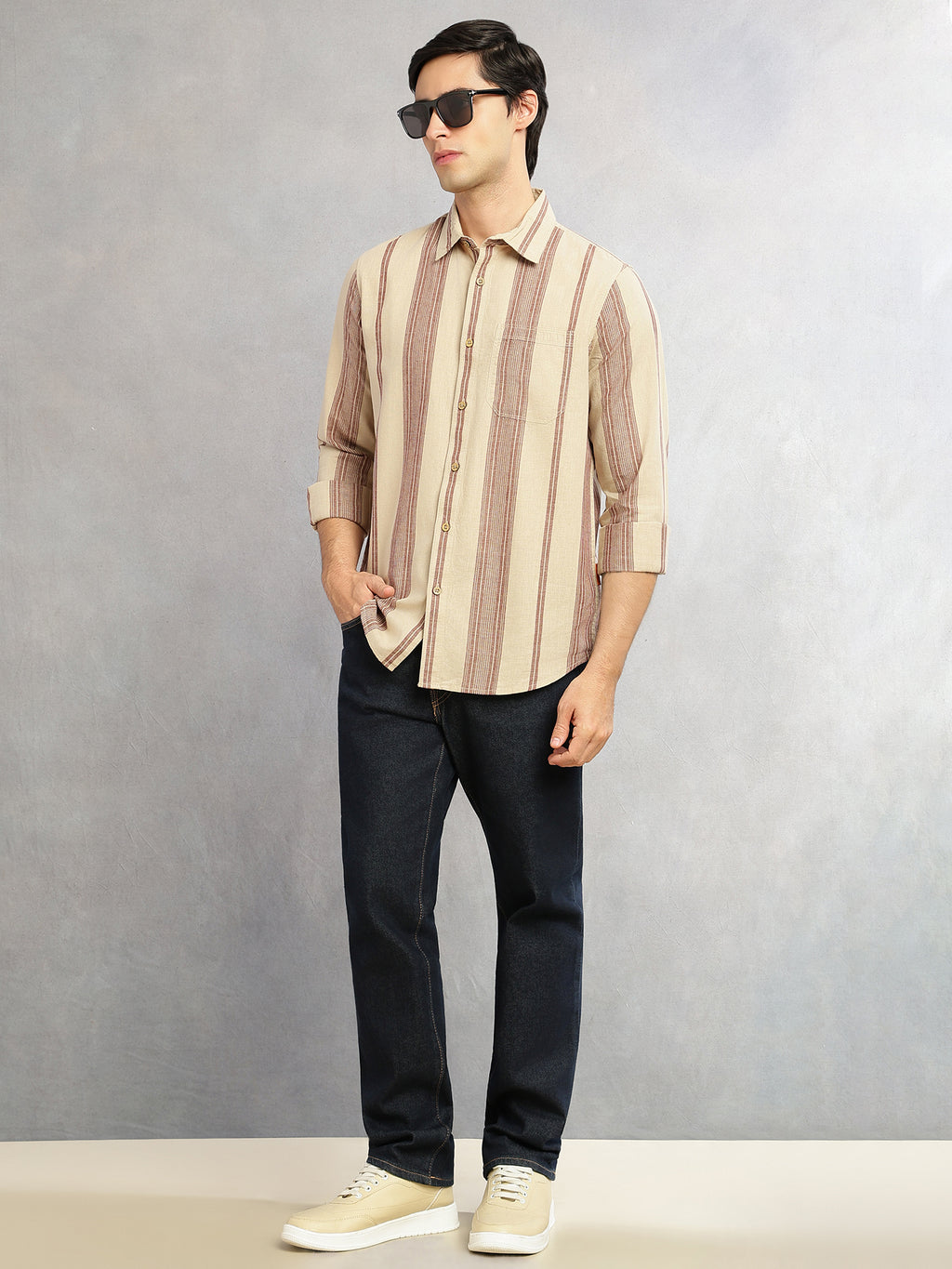 Thomas Scott Men Beige Cricket Club Collection Men Striped Cotton Linen Shirt-Slim Fit, Long Sleeve, Spread Collar Casual Wear
