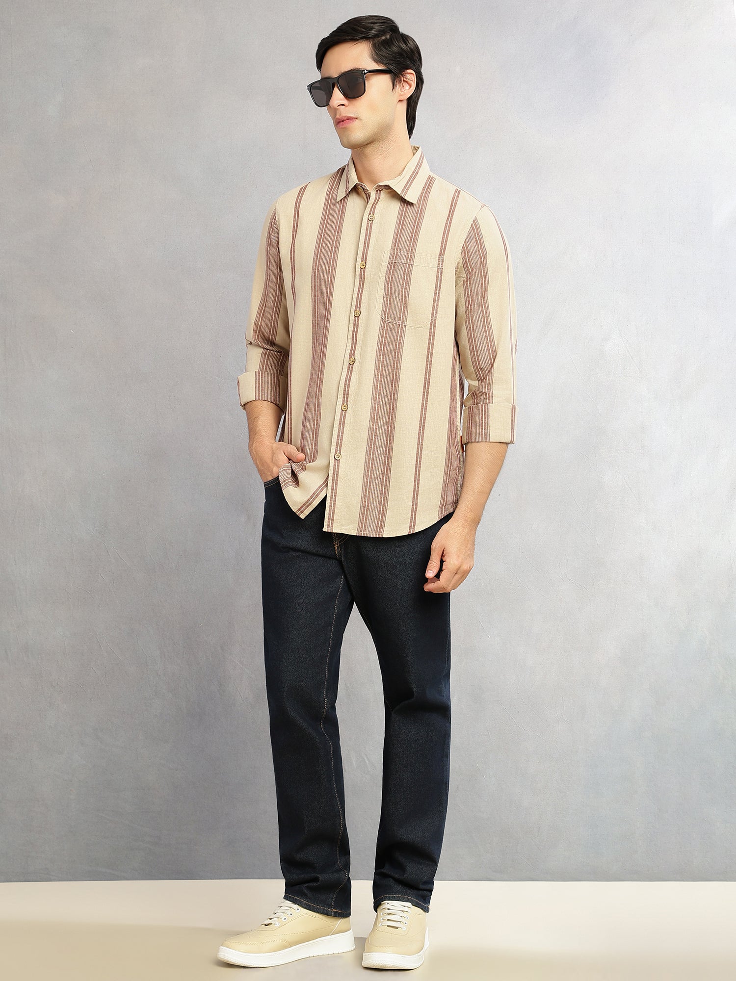 Thomas Scott Men Beige Cricket Club Collection Men Striped Cotton Linen Shirt-Slim Fit, Long Sleeve, Spread Collar Casual Wear