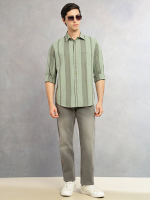 Thomas Scott Men Green Cricket Club Collection Men Striped Cotton Linen Shirt-Slim Fit, Long Sleeve, Spread Collar Casual Wear