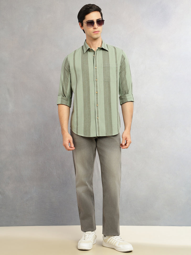 Thomas Scott Men Green Cricket Club Collection Men Striped Cotton Linen Shirt-Slim Fit, Long Sleeve, Spread Collar Casual Wear