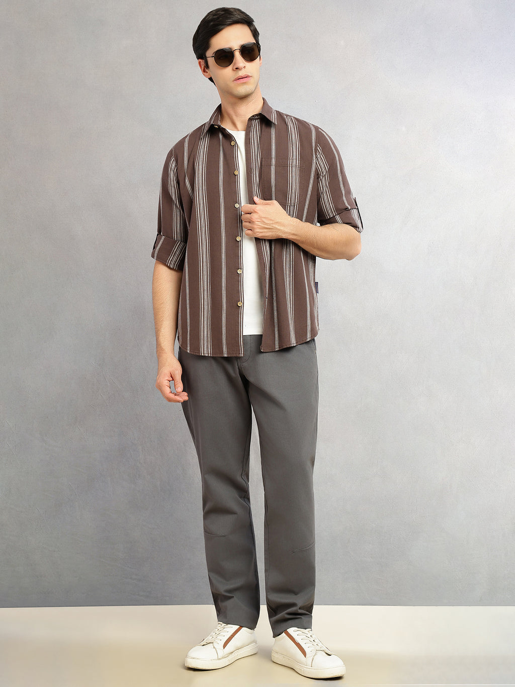 Thomas Scott Men Brown Cricket Club Collection Slim Fit Cotton Linen Classic Striped Casual Wear Shirt for Men