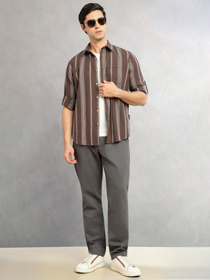 Thomas Scott Men Brown Cricket Club Collection Slim Fit Cotton Linen Classic Striped Casual Wear Shirt for Men