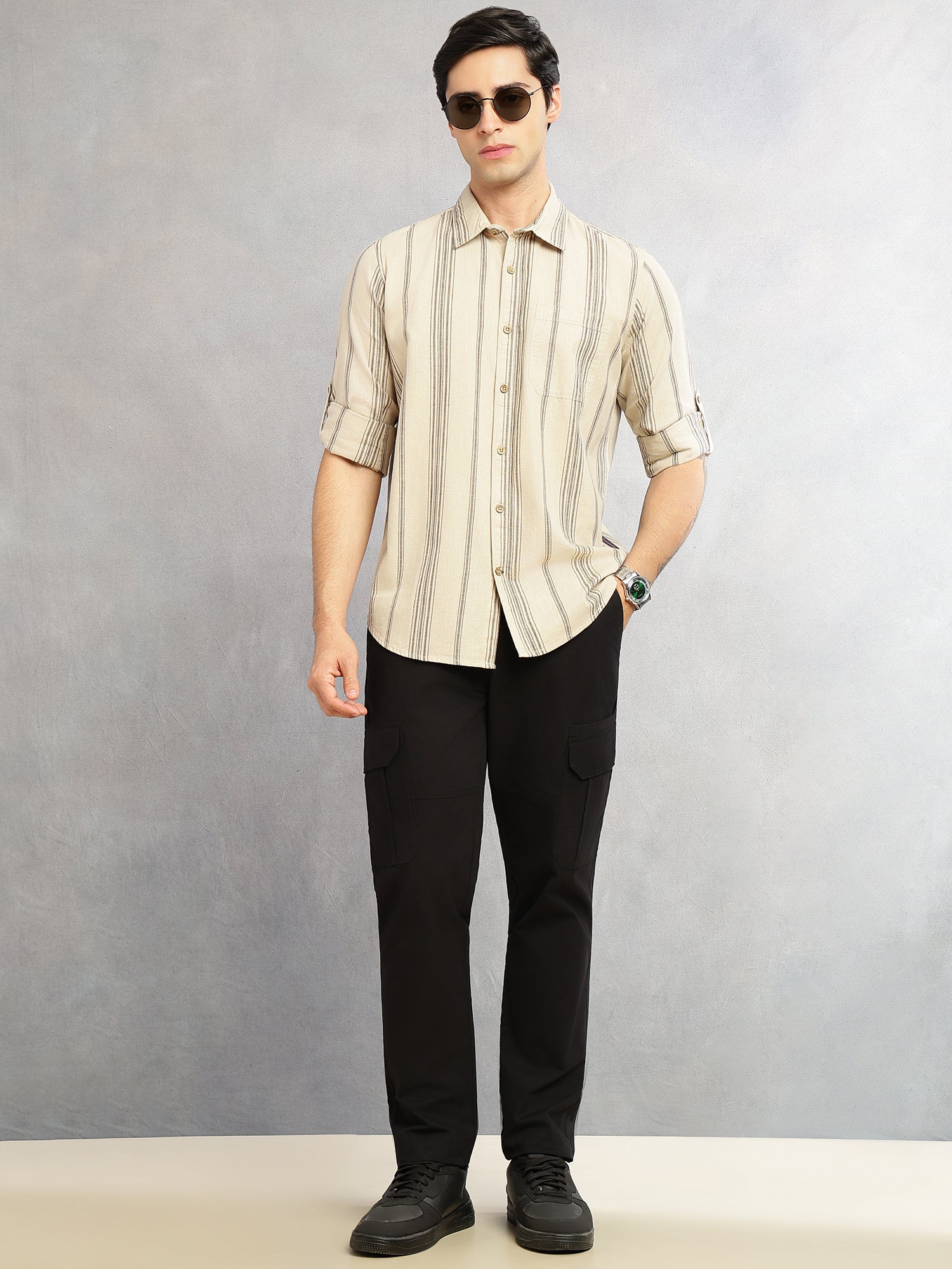 Thomas Scott Men Peach Cricket Club Collection Slim Fit Cotton Linen Classic Striped Casual Wear Shirt for Men