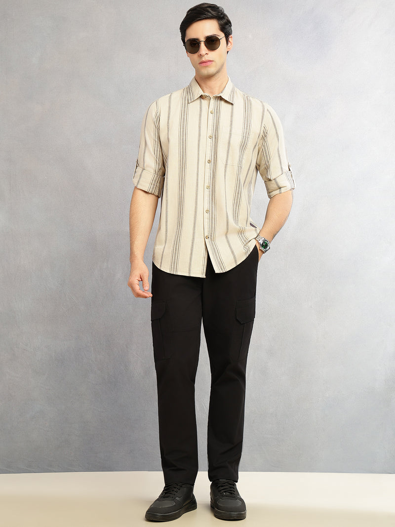 Thomas Scott Men Peach Cricket Club Collection Slim Fit Cotton Linen Classic Striped Casual Wear Shirt for Men