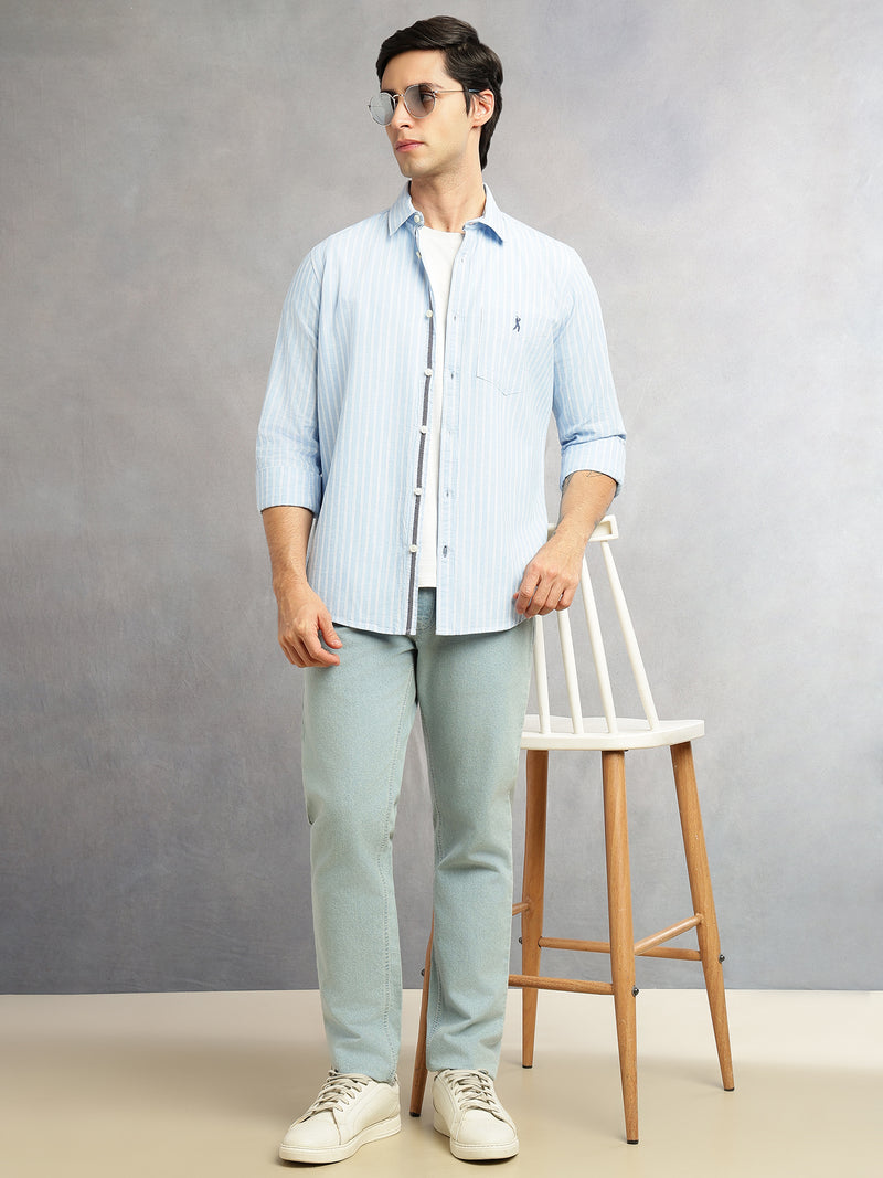 Thomas Scott Men Blue Cricket Club Collection Slim Fit 100% Cotton Oxford Shirt with Vertical Stripes & Spread Collar