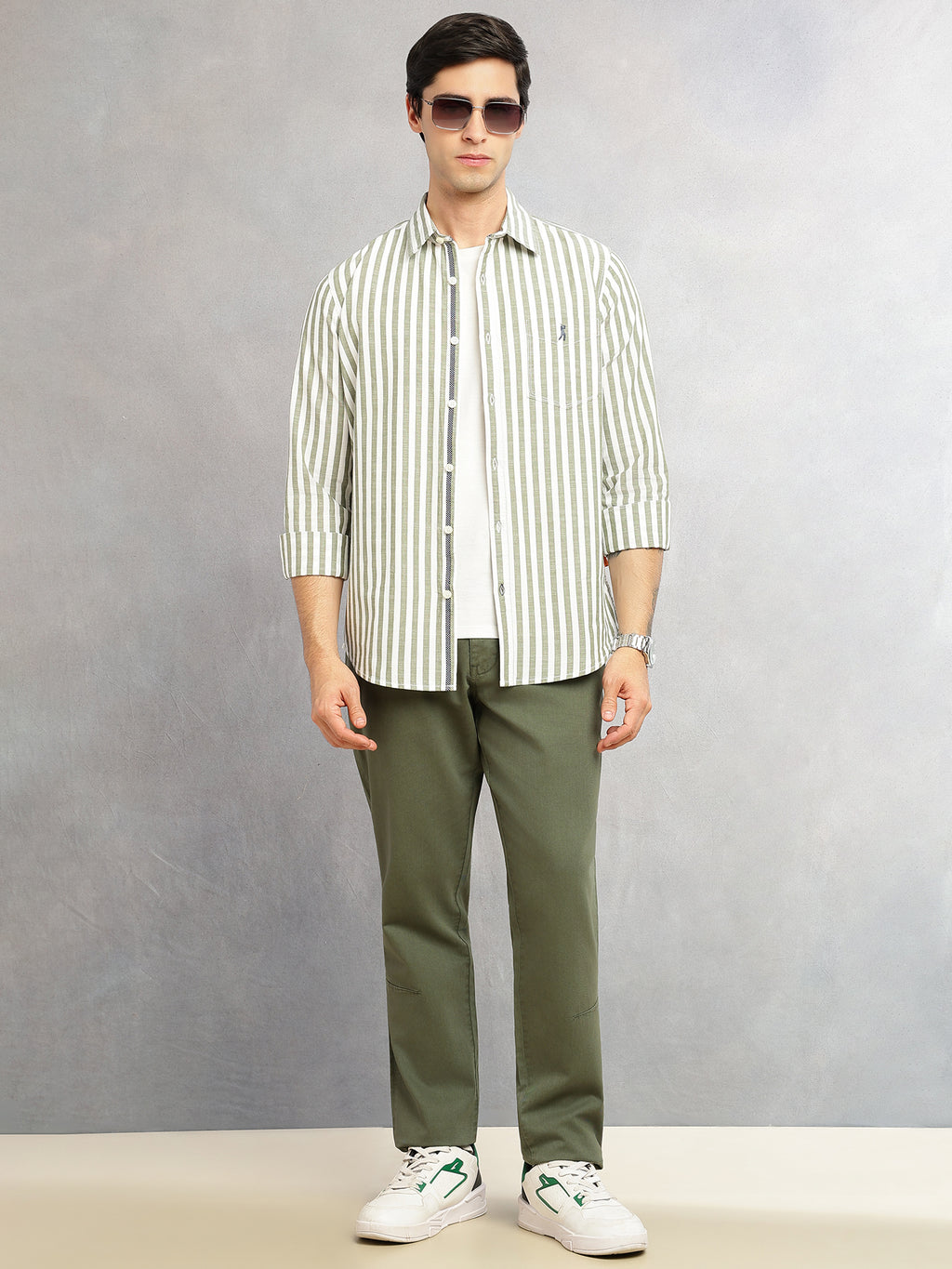 Thomas Scott Men Green Cricket Club Collection Slim Fit 100% Cotton Oxford Shirt with Vertical Stripes & Spread Collar