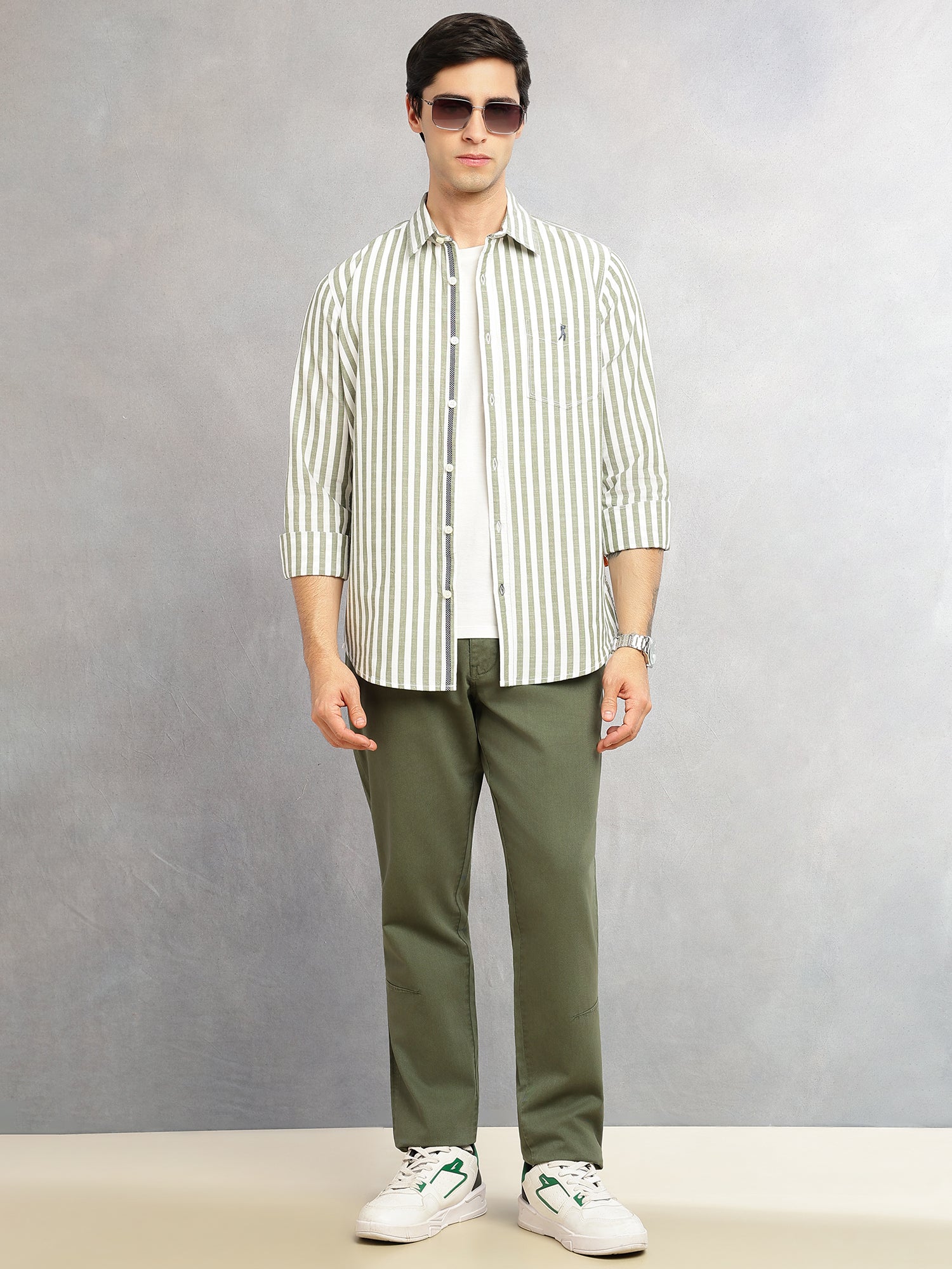 Thomas Scott Men Green Cricket Club Collection Slim Fit 100% Cotton Oxford Shirt with Vertical Stripes & Spread Collar