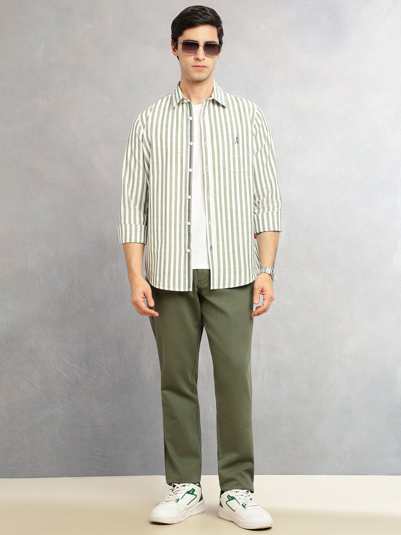 Thomas Scott Men Green Cricket Club Collection Slim Fit 100% Cotton Oxford Shirt with Vertical Stripes & Spread Collar