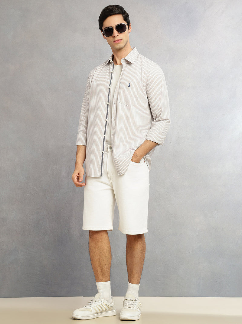 Thomas Scott Men Grey Cricket Club Collection Slim Fit 100% Cotton Oxford Shirt with Vertical Stripes & Spread Collar