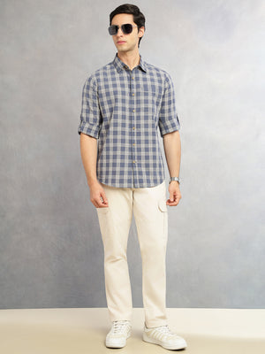 Thomas Scott Men Blue Slim Fit Tartan Checks Cotton Linen Casual Shirt-Cricket Club Collection, Roll-Up Sleeves & Spread Collar
