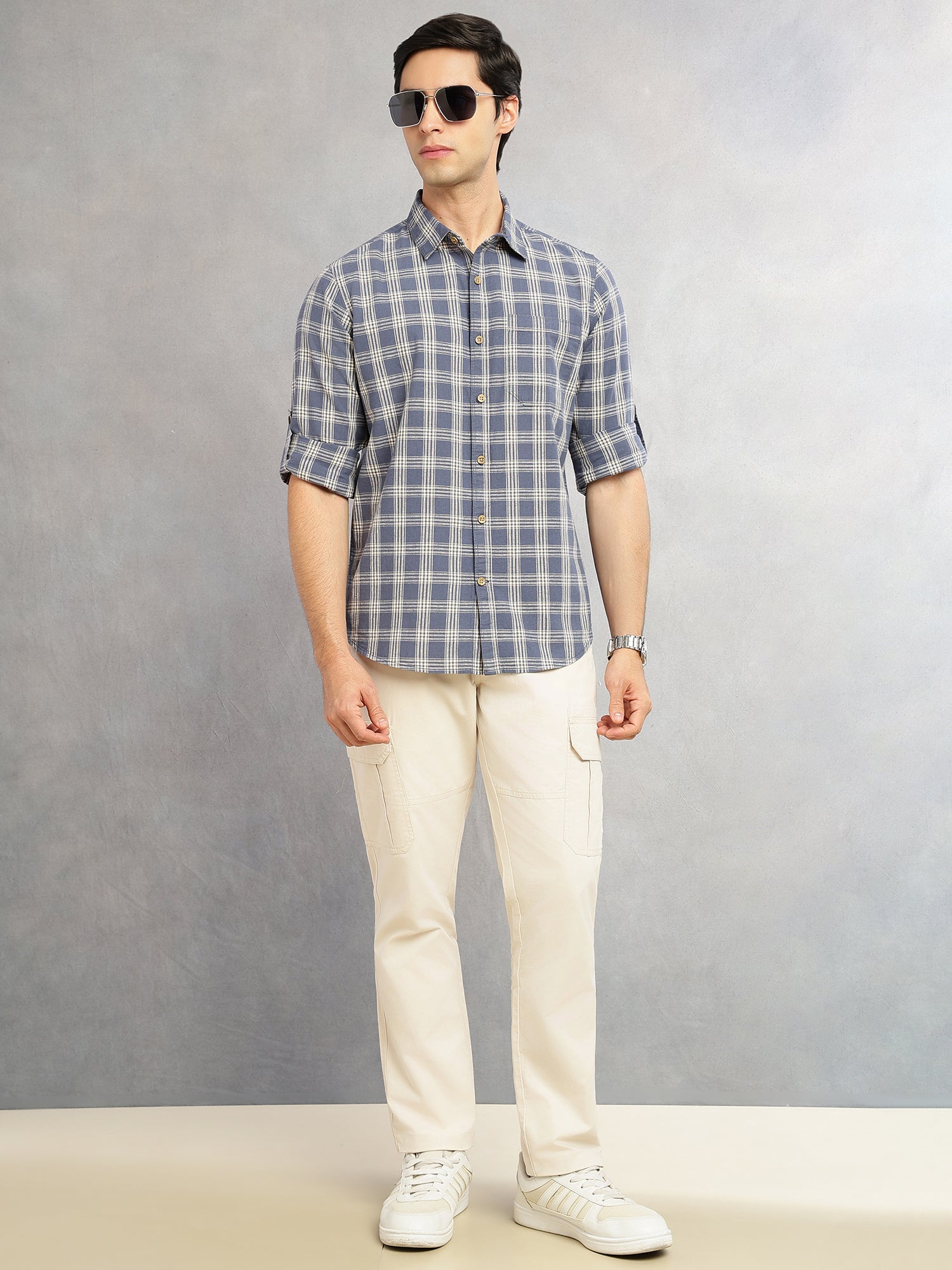 Thomas Scott Men Blue Slim Fit Tartan Checks Cotton Linen Casual Shirt-Cricket Club Collection, Roll-Up Sleeves & Spread Collar