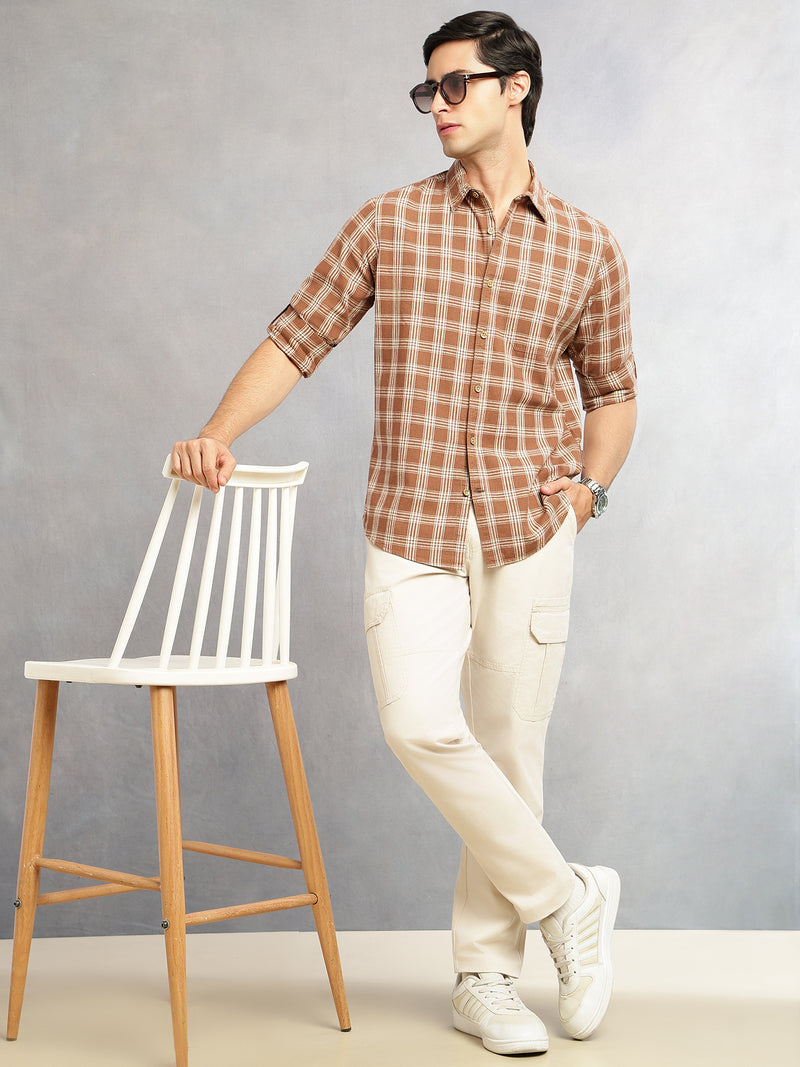 Thomas Scott Men Brown Slim Fit Tartan Checks Cotton Linen Casual Shirt-Cricket Club Collection, Roll-Up Sleeves & Spread Collar
