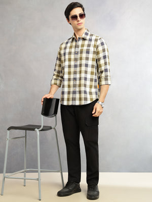 Thomas Scott Men Beige Cricket Club Collection Slim Fit Long Sleeves Shepherd Check Spread Collar Cotton Linen Casual Shirt
