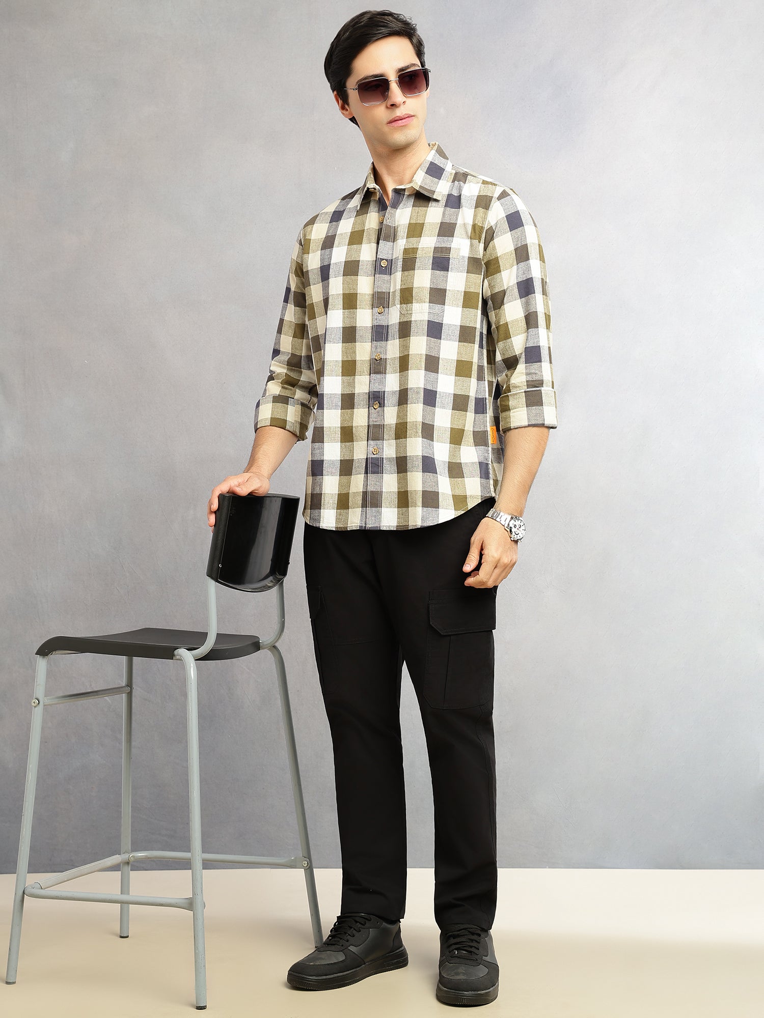 Thomas Scott Men Beige Cricket Club Collection Slim Fit Long Sleeves Shepherd Check Spread Collar Cotton Linen Casual Shirt
