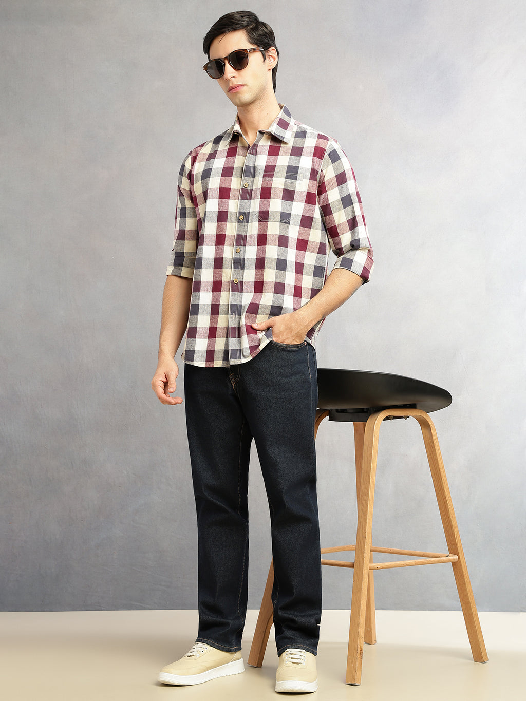 Thomas Scott Men Wine Cricket Club Collection Slim Fit Long Sleeves Shepherd Check Spread Collar Cotton Linen Casual Shirt