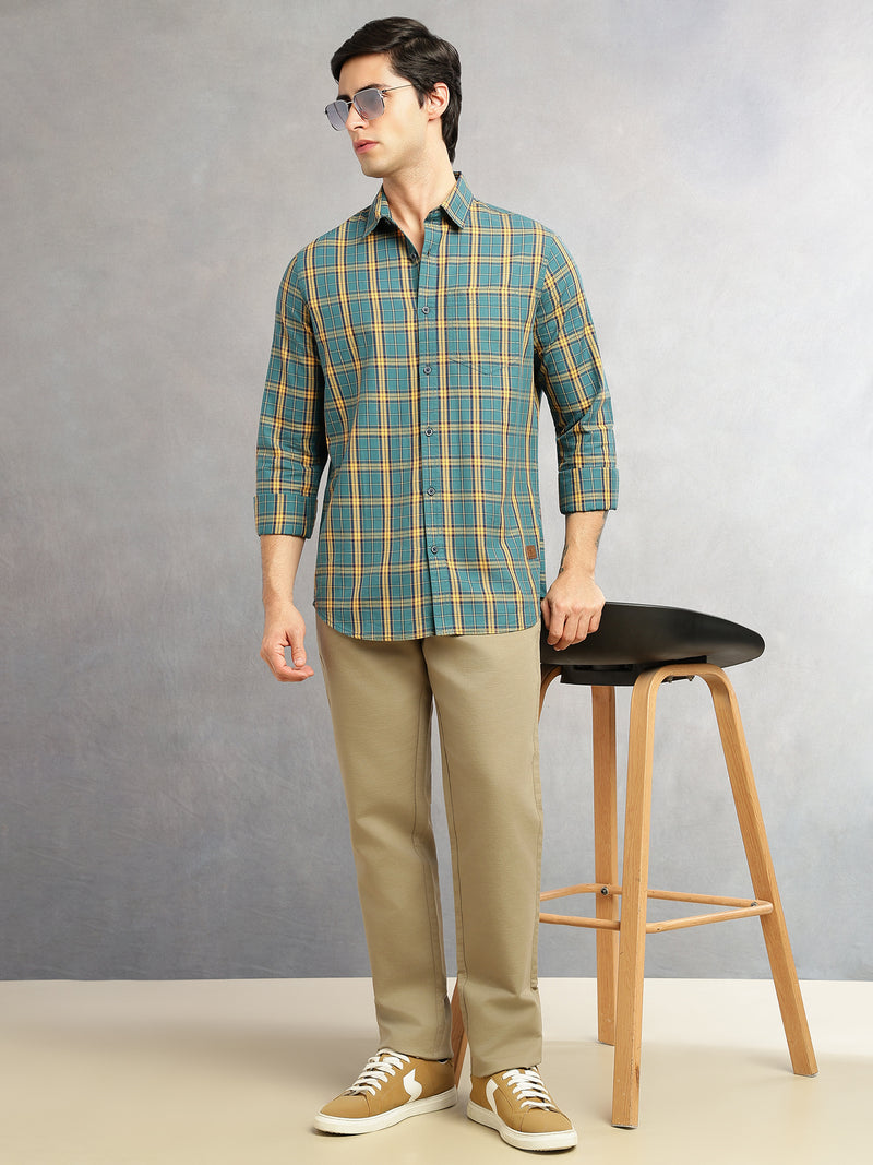 Thomas Scott Men Teal Slim Fit Tartan Checks Long Sleeves Spread Collar 100% Cotton Twill Casual Shirt