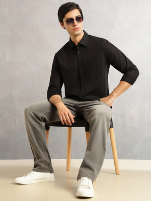 Thomas Scott Men Black Slim Fit Long Sleeves Solid Spread Collar 100% Cotton Twill Casual Shirt