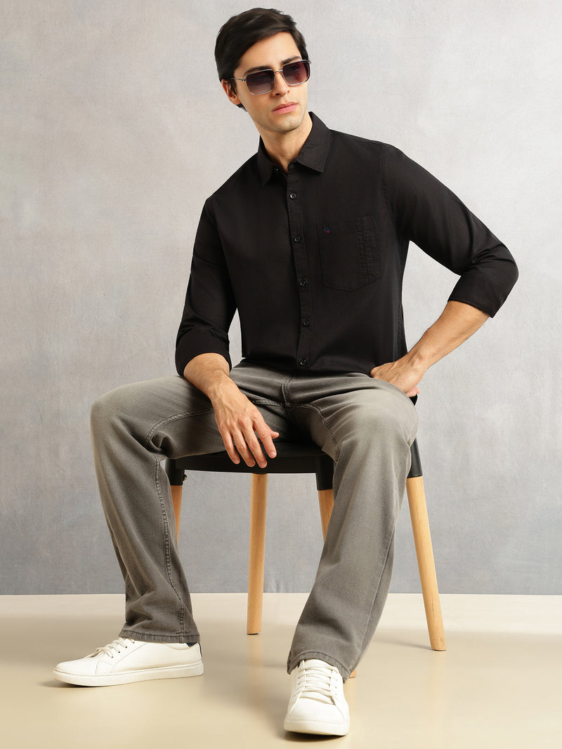 Thomas Scott Men Black Slim Fit Long Sleeves Solid Spread Collar 100% Cotton Twill Casual Shirt