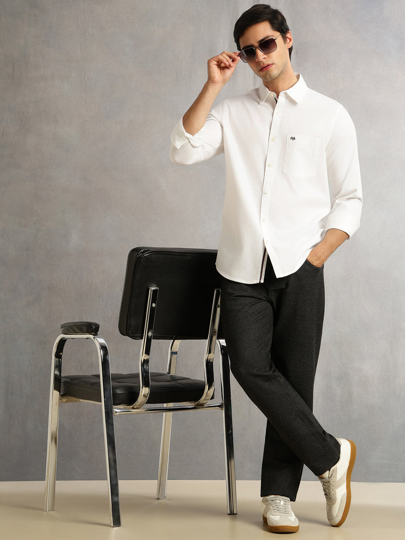 Thomas Scott Men White Slim Fit Long Sleeves Solid Spread Collar 100% Cotton Twill Casual Shirt
