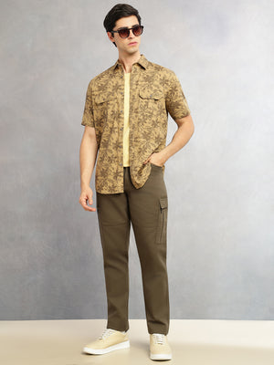 Thomas Scott Men Khaki Slim Fit Short Sleeves Floral Printed Two Flap Chest Pockets Pure Cotton Casual Shirt for Men