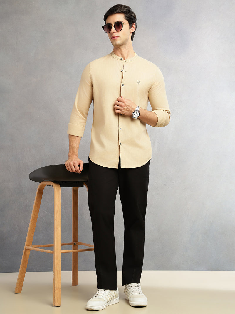 Thomas Scott Men Khaki Slim Fit Long Sleeves Solid Mandarin Collar Cotton Linen Casual Shirt