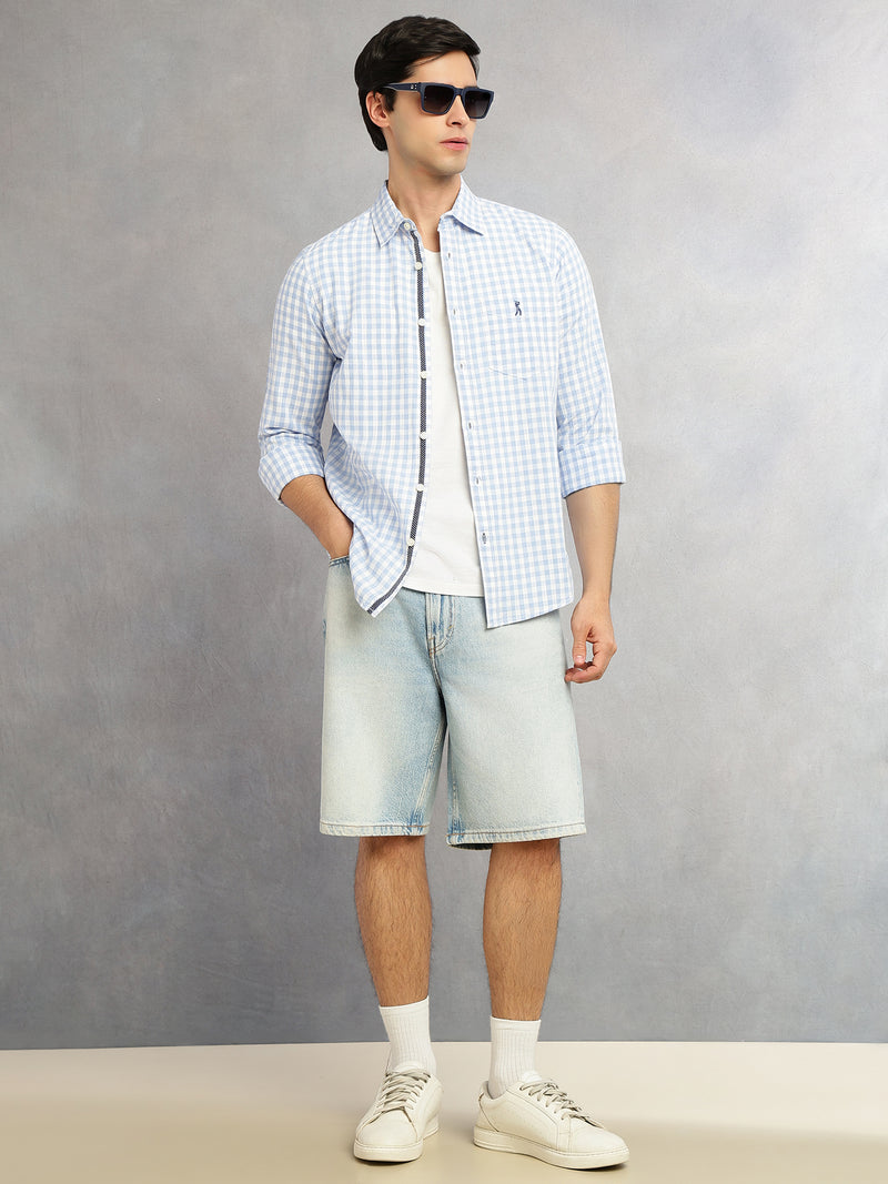 Thomas Scott Men Blue Cricket Club Collection Slim Fit 100% Cotton Oxford Shirt with Gingham Checks & Spread Collar