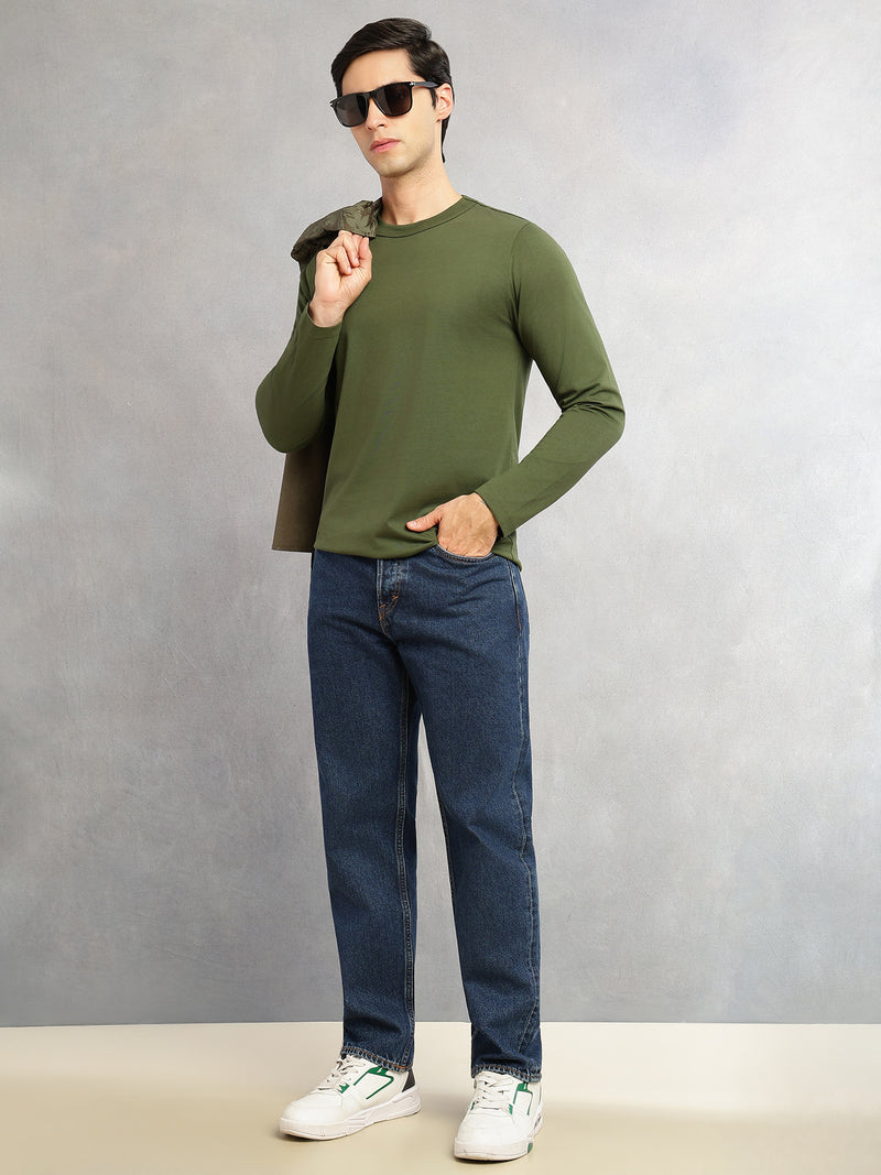 Thomas Scott Men Green Cricket Club Collection Regular Fit Round Neck Long Sleeves Polycotton Solid Knitted T-shirt