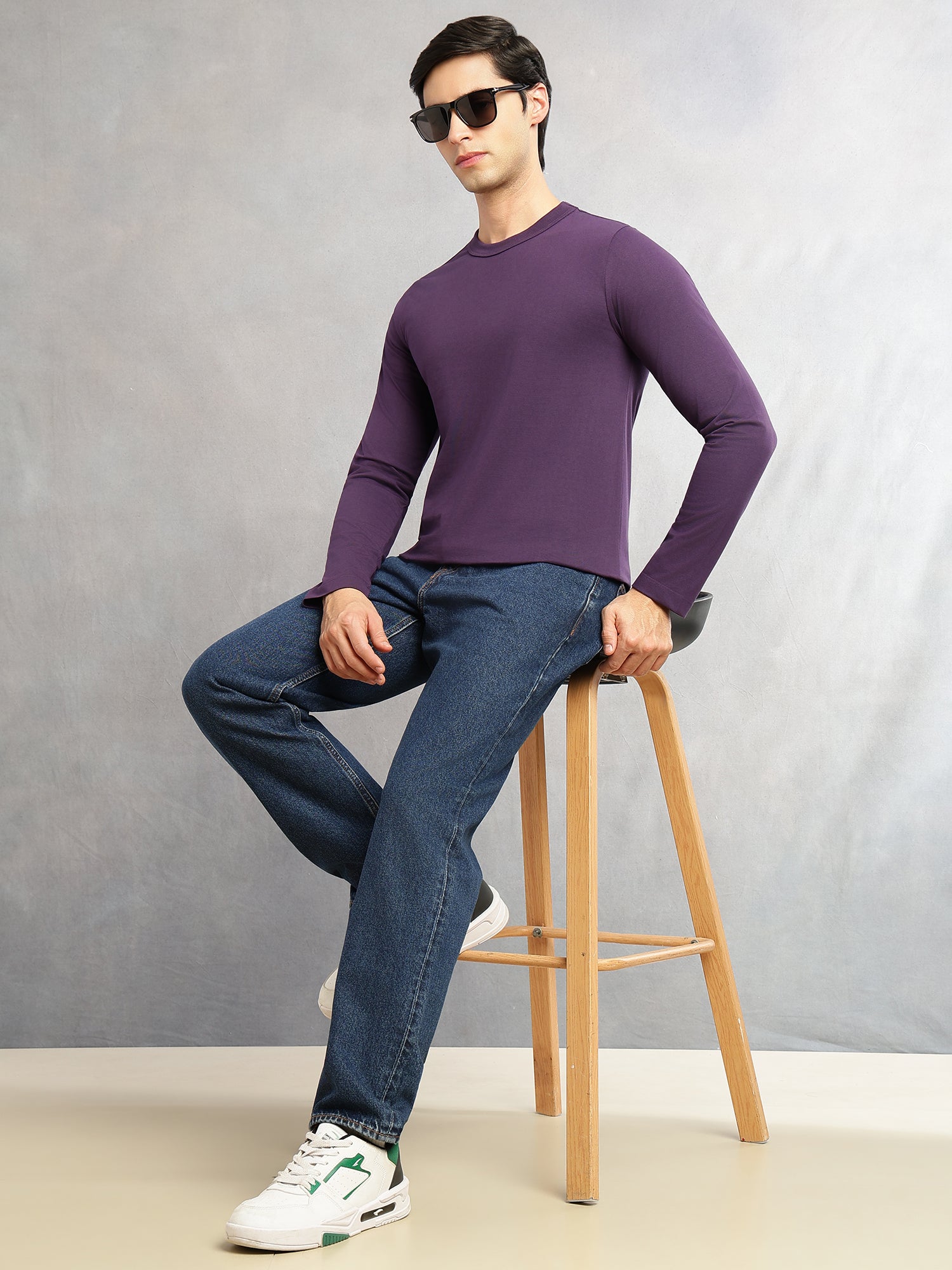 Thomas Scott Men Purple Cricket Club Collection Regular Fit Round Neck Long Sleeves Polycotton Solid Knitted T-shirt