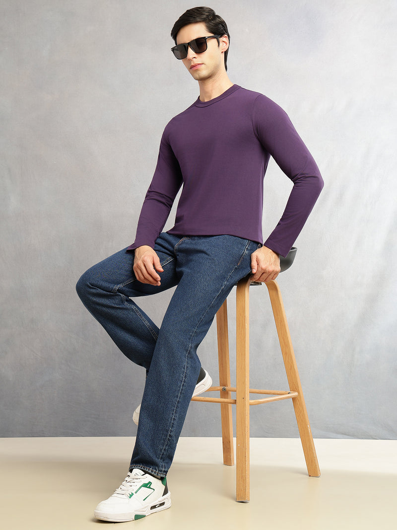Thomas Scott Men Purple Cricket Club Collection Regular Fit Round Neck Long Sleeves Polycotton Solid Knitted T-shirt