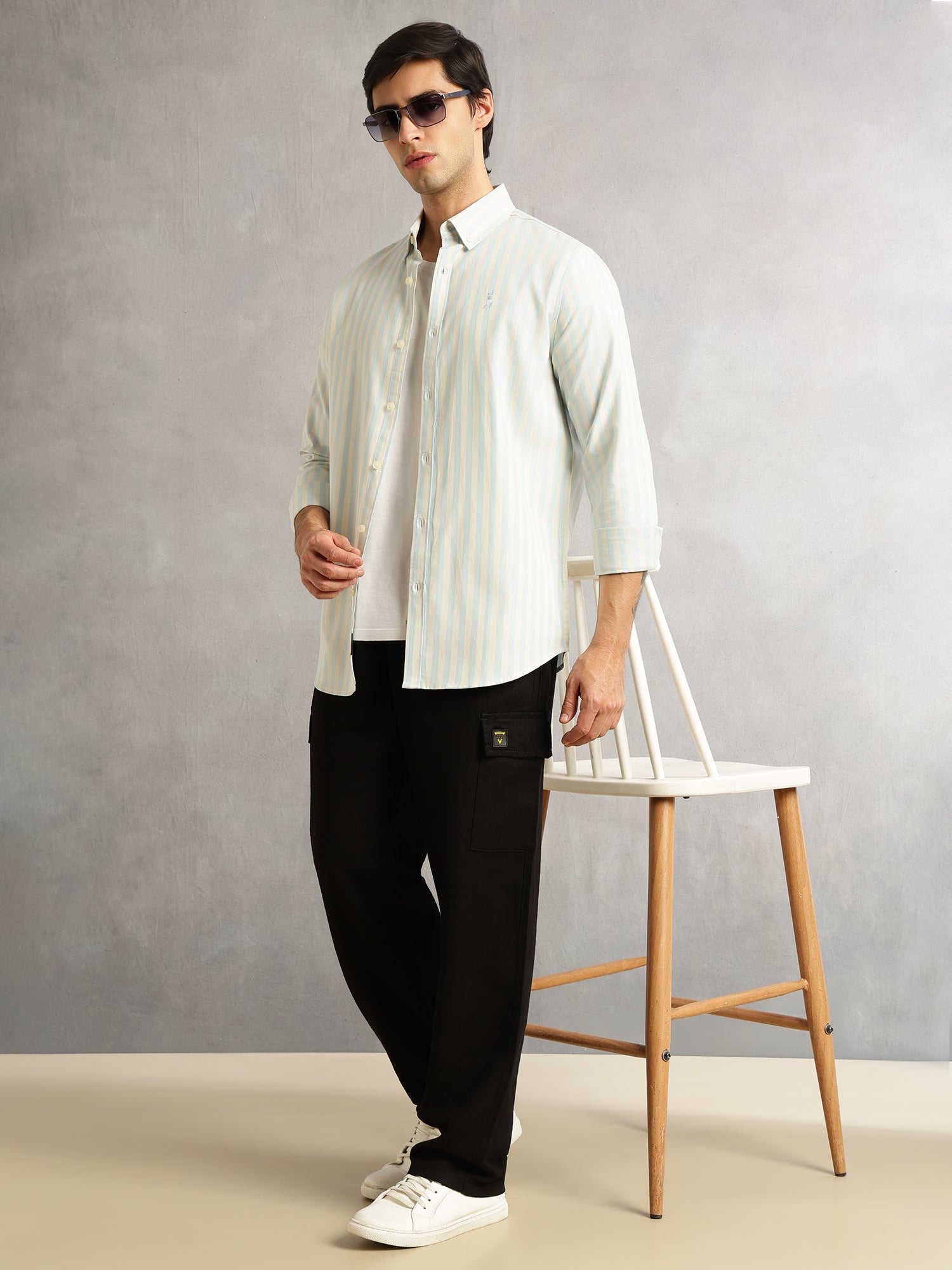 Thomas Scott Men Light Blue Cricket Club Collection Slim Fit Vertical Stripe Cotton Casual Shirt-Button Down Collar, Full Sleeves