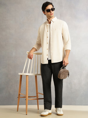 Thomas Scott Men Beige Cricket Club Collection Slim Fit Long Sleeves Button Down Collar SeerSucker Shirt