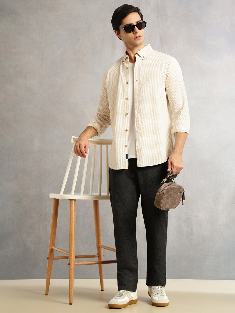 Thomas Scott Men Beige Cricket Club Collection Slim Fit Long Sleeves Button Down Collar SeerSucker Shirt