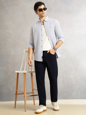 Thomas Scott Men Navy Cricket Club Collection Slim Fit Long Sleeves Button Down Collar SeerSucker Shirt