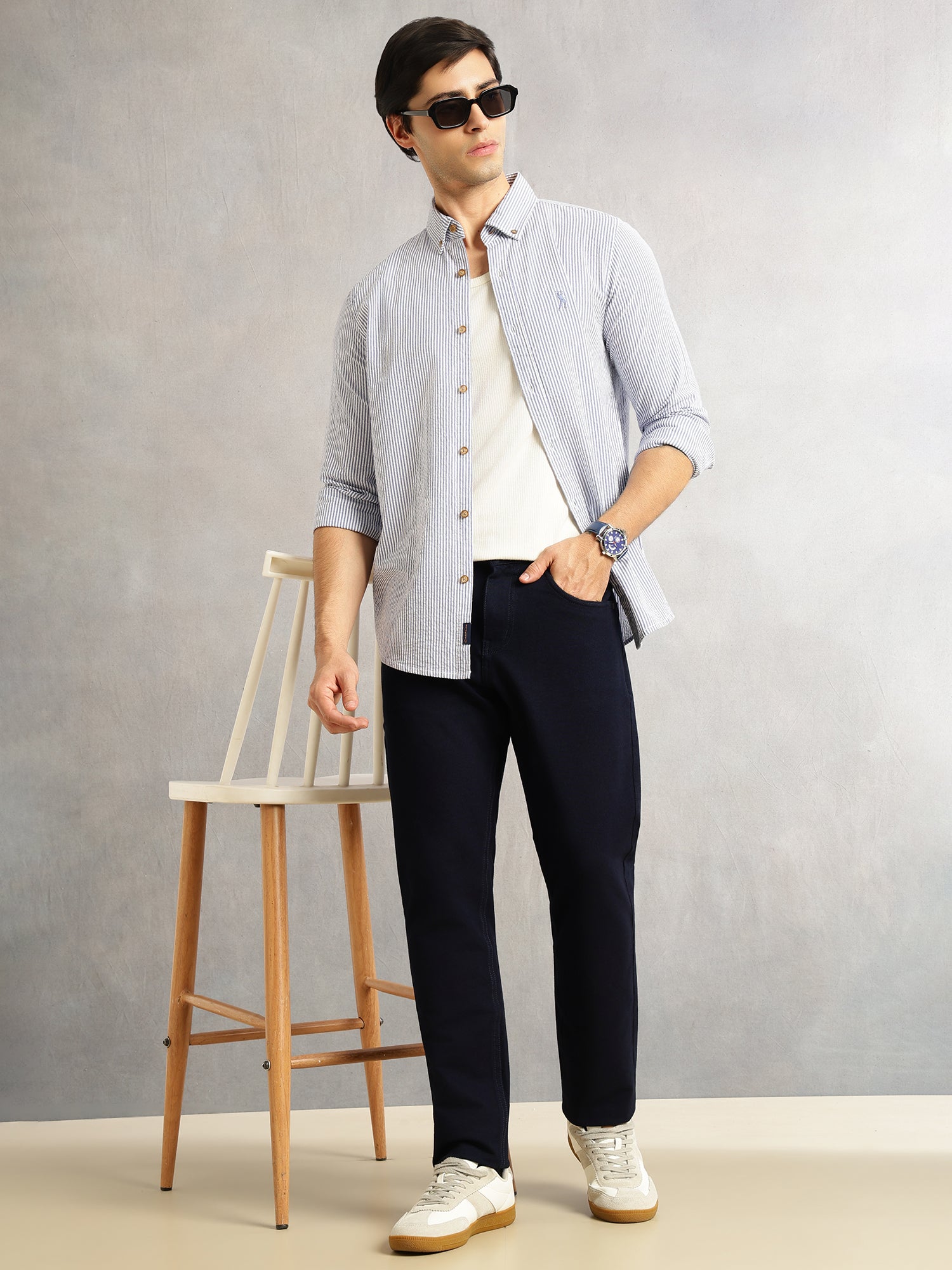 Thomas Scott Men Navy Cricket Club Collection Slim Fit Long Sleeves Button Down Collar SeerSucker Shirt