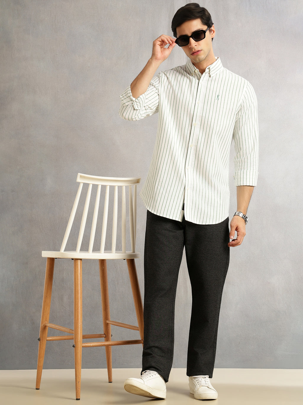 Thomas Scott Men Green Cricket Club Collection Slim Fit Long Sleeves Button Down Collar Cotton Linen Oxford Shirt