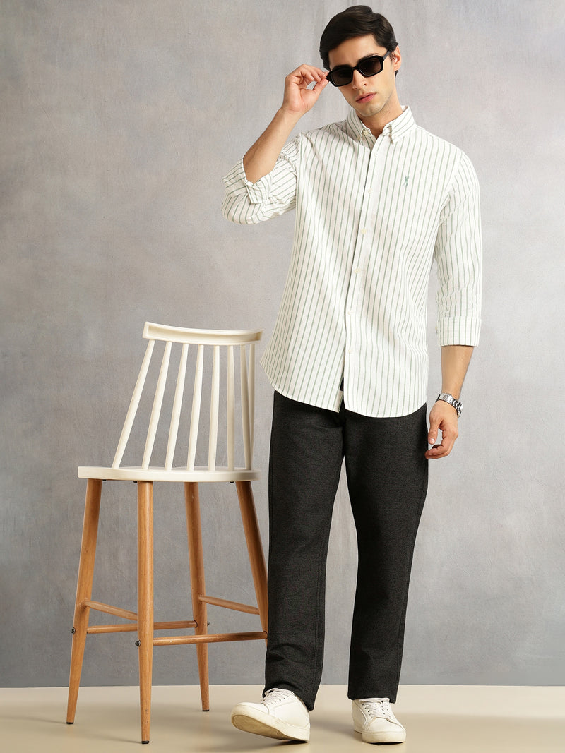 Thomas Scott Men Green Cricket Club Collection Slim Fit Long Sleeves Button Down Collar Cotton Linen Oxford Shirt