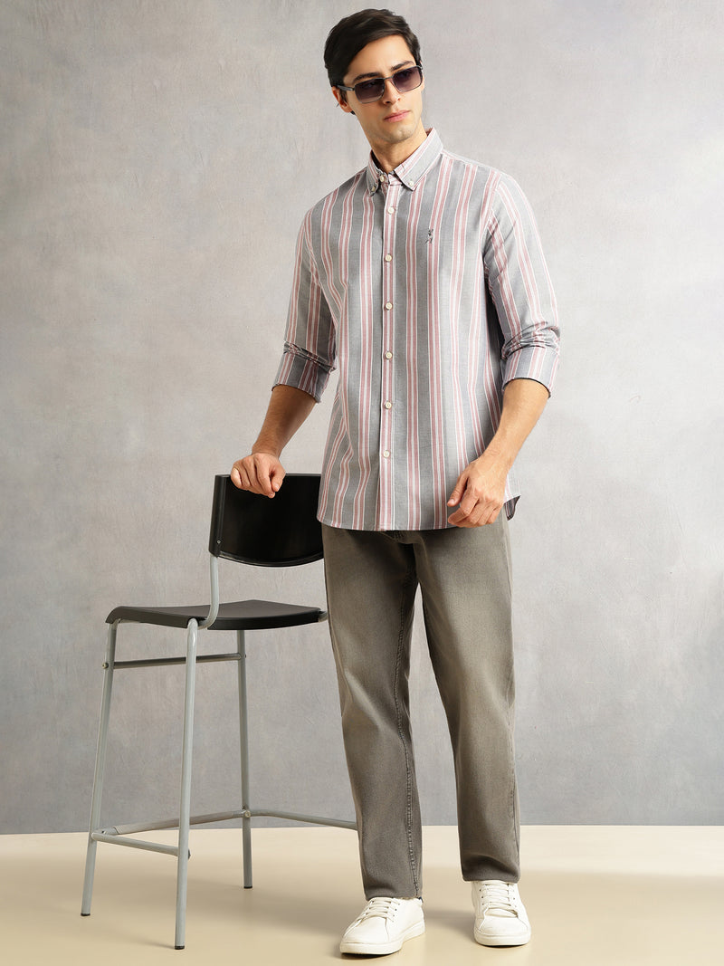 Thomas Scott Men Red Cricket Club Collection Slim Fit Long Sleeves Button Down Collar Cotton Linen Oxford Shirt