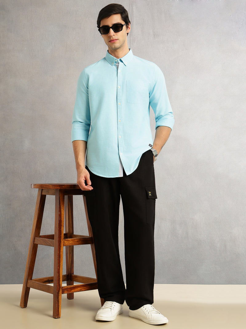 Thomas Scott Men Aqua Slim Fit Long Sleeves Button-Down Collar Solid 100% Cotton Oxford Casual Shirt