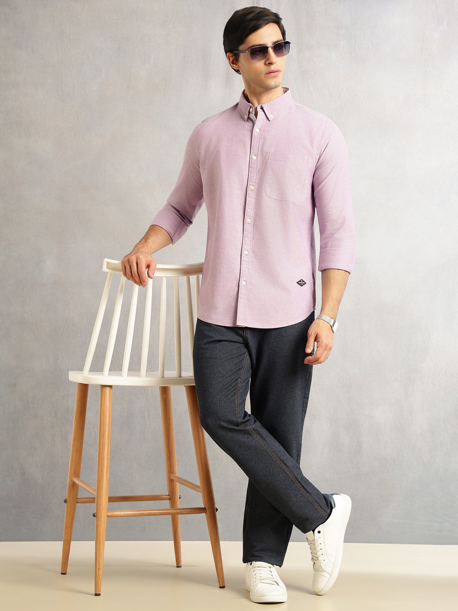 Thomas Scott Men Purple Slim Fit Long Sleeves Button-Down Collar Solid 100% Cotton Oxford Casual Shirt